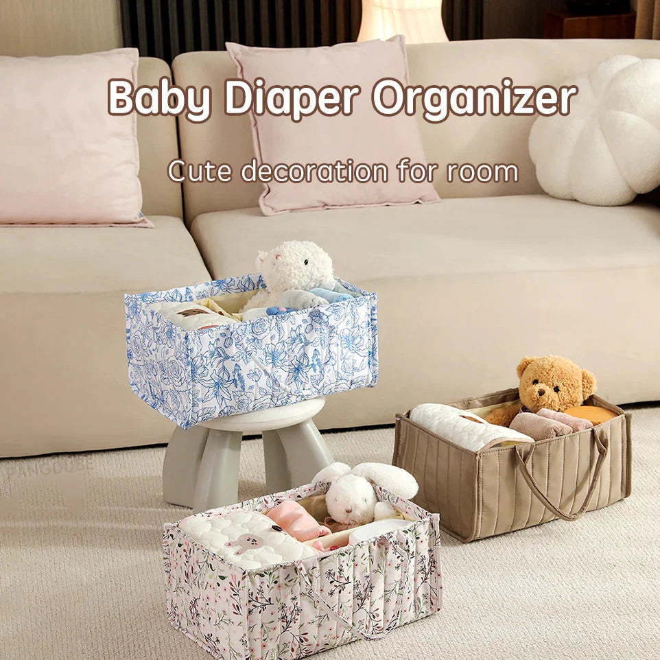 Compact diaper organizer bag showing internal dividers for wipes, diapers, and lotions