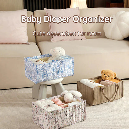 Compact diaper organizer bag showing internal dividers for wipes, diapers, and lotions