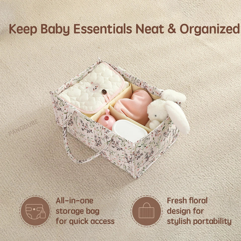 Portable nursery storage solution, a polyester diaper caddy with a modern design