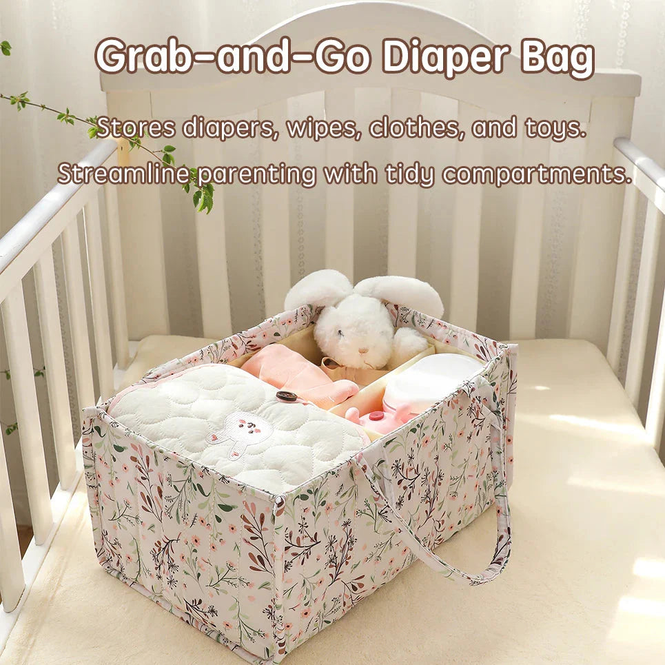 Multipurpose baby storage caddy, functioning as a diaper bag and nursery organizer