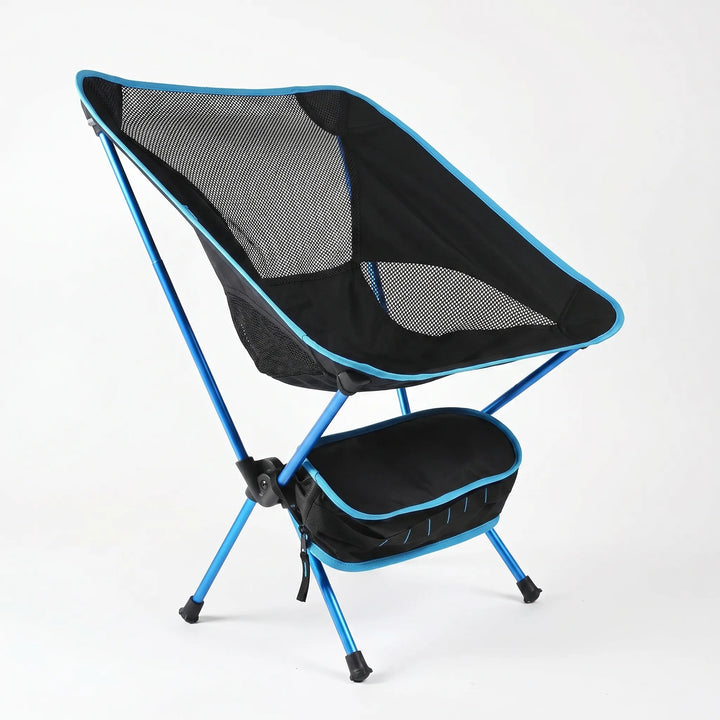 Lightweight folding camp chair, essential outdoor camping gear for comfortable seating during trips & hikes.