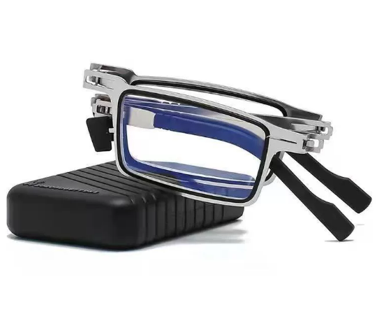 Silver frame round folding reading glasses, portable unisex eyewear for easy travel.