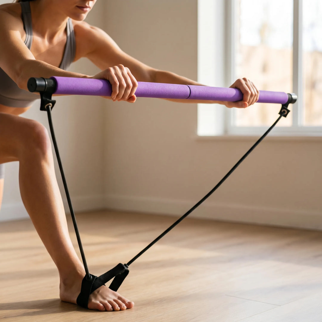 Unisex portable Pilates bar kit with adjustable resistance bands for full-body home gym workouts & strength training.
