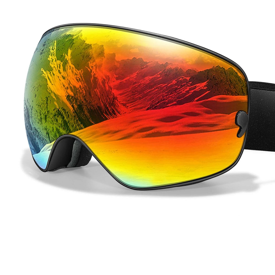 Close-up of premium ski goggles lens, showcasing anti-fog & UV400 technology for winter sports.