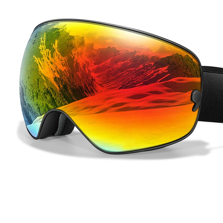 Close-up of premium ski goggles lens, showcasing anti-fog & UV400 technology for winter sports.