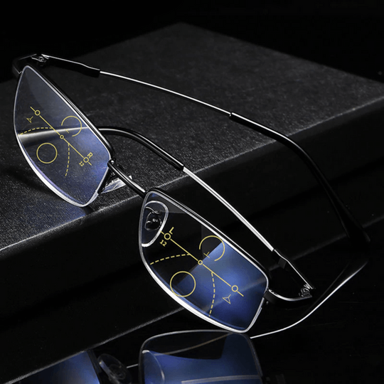 Unisex progressive reading glasses with intelligent zoom for clear multifocal vision.