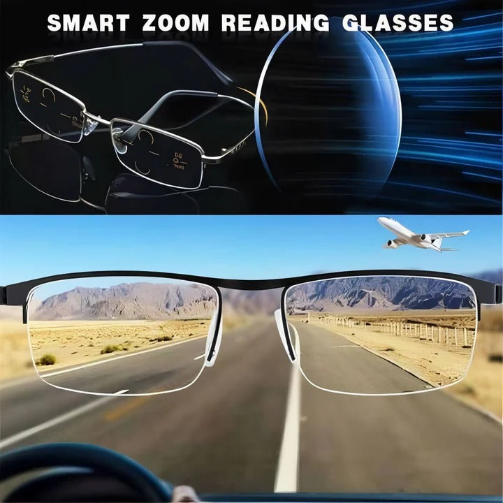 Smart eyewear with multifocal lenses, providing blue light & UV protection for clear vision.