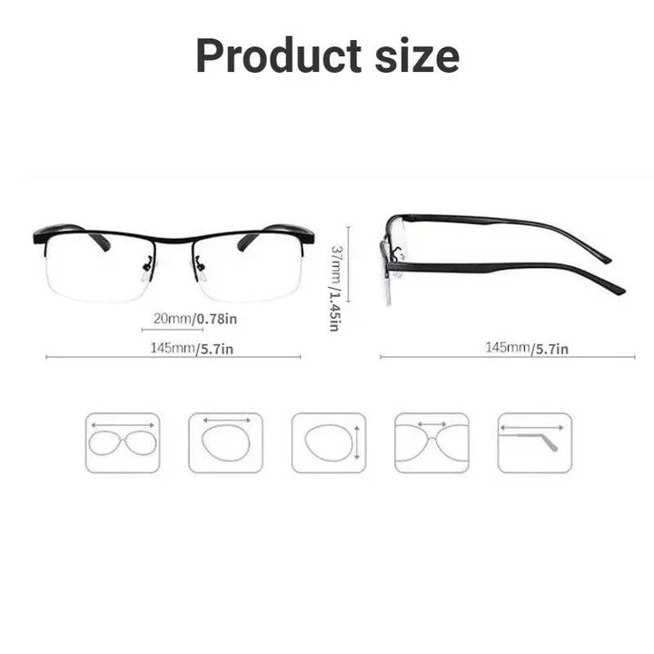 Daily wear smart glasses: blue light filter, UV protection, progressive multifocal lenses.