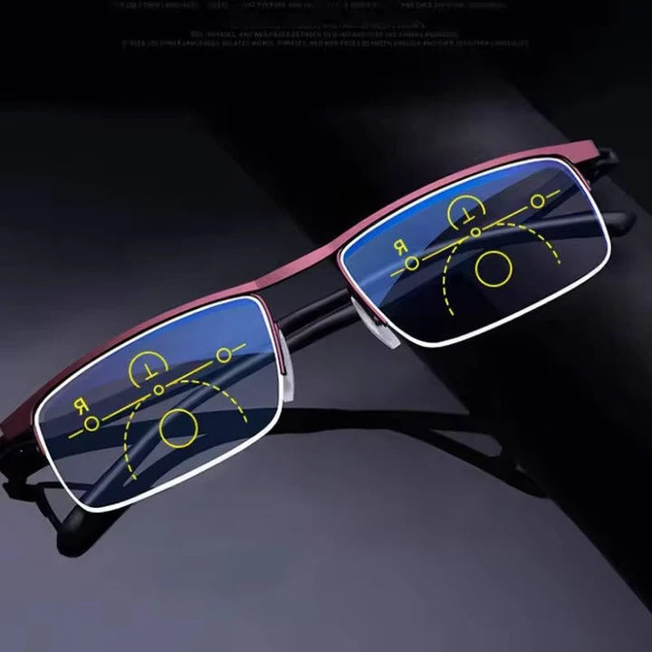 Stylish unisex smart glasses offering progressive vision, blue light, and UV protection.