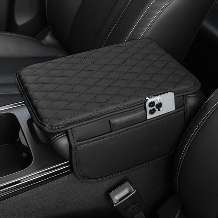 Unisex PU leather car console armrest cover with side storage pockets for vehicle organization & comfort.