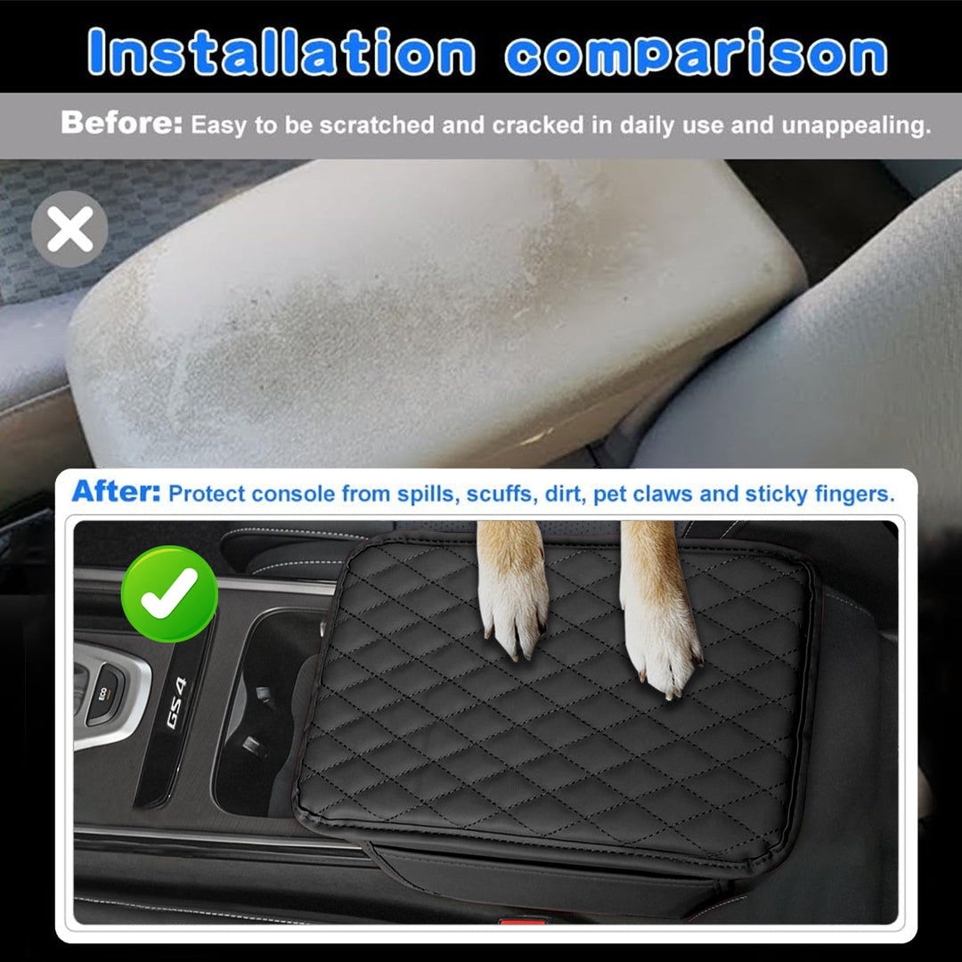 Premium PU leather car armrest cover protects console & adds storage. Universal fit for enhanced driving comfort.
