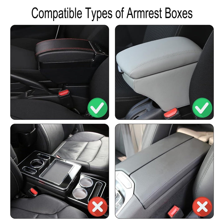 Automotive console organizer: PU leather armrest cover with dual storage pockets. Protects car interior, adds utility.