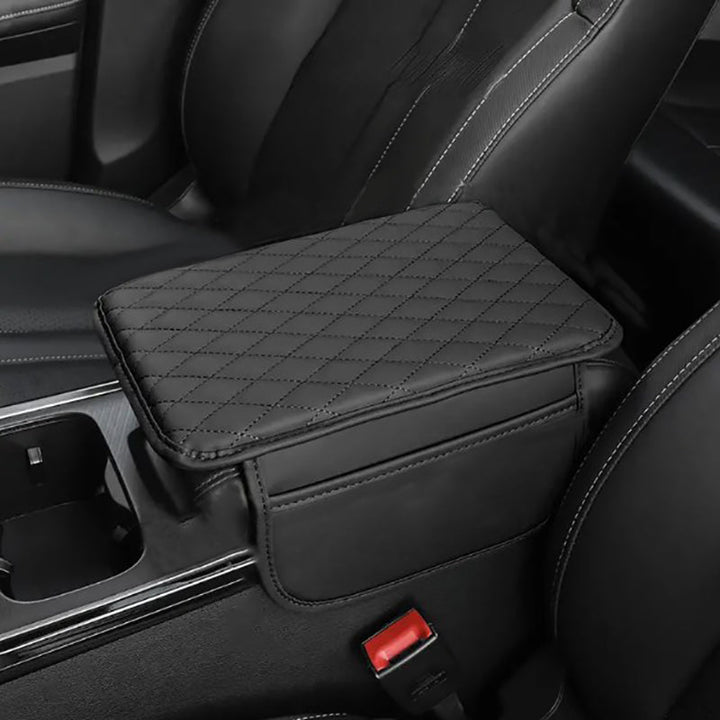 Durable PU leather car console armrest protector. Keeps your console safe & provides handy storage pockets.