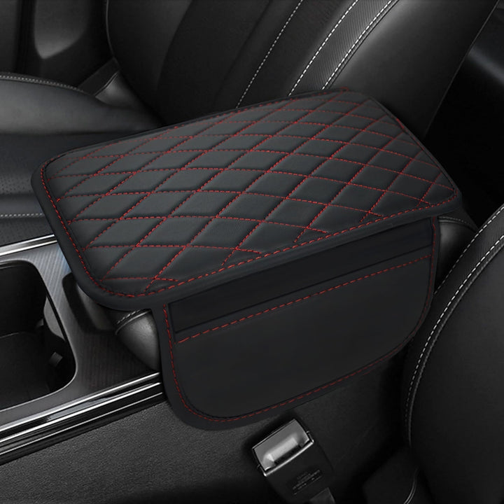 Stylish PU leather car console organizer & armrest protector. Features integrated storage pockets for essentials.