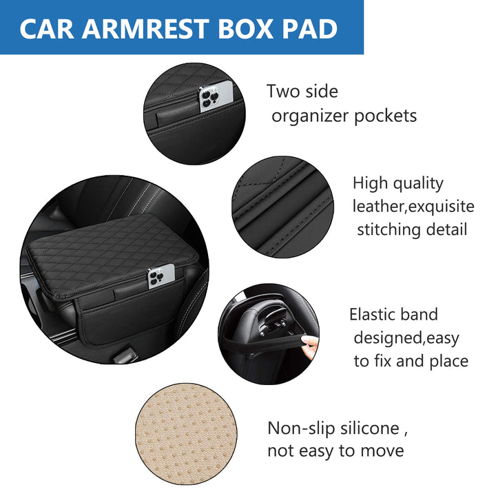 Multi-functional PU leather car armrest cover. Universal fit, protects console & offers easy-access storage pockets.