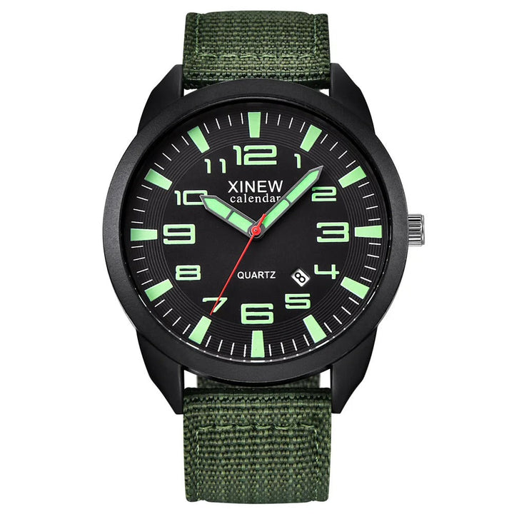 Luminous dial quartz watch for men & women, with calendar display and comfortable metal strap. Everyday wear.
