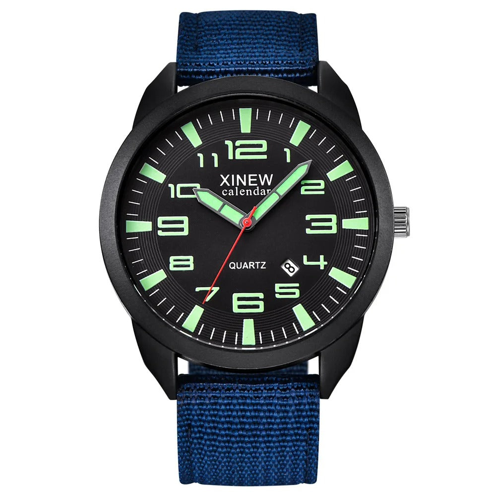 View of a unisex quartz watch. Highlights luminous dial, calendar display, and polished metal link bracelet.