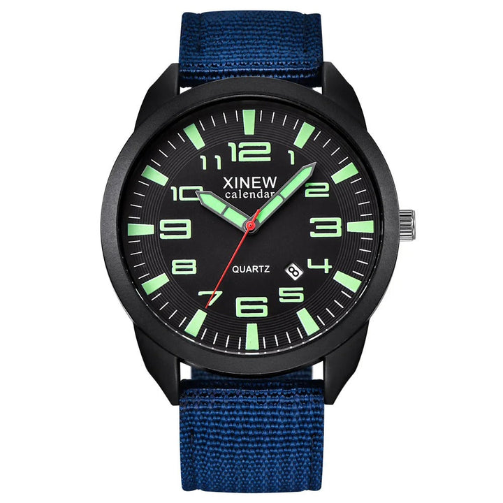 View of a unisex quartz watch. Highlights luminous dial, calendar display, and polished metal link bracelet.