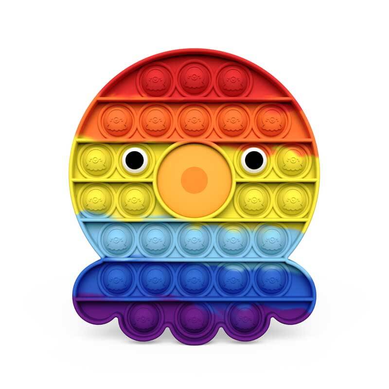 Close-up of circular push pop fidget toy, vibrant colors, silicone bubbles, anxiety relief
