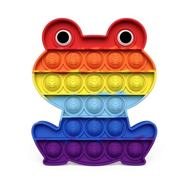 Child's hand pushing bubbles on a square rainbow push pop fidget toy, sensory play