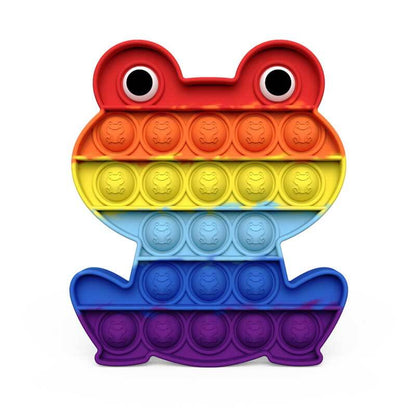 Child's hand pushing bubbles on a square rainbow push pop fidget toy, sensory play
