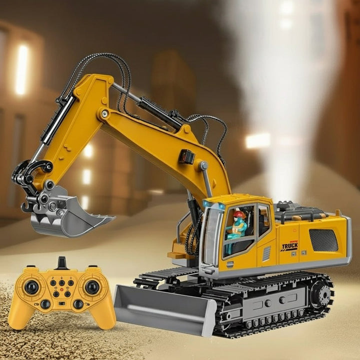Detailed metal alloy RC excavator toy. Yellow & black construction vehicle with lights & sound.
