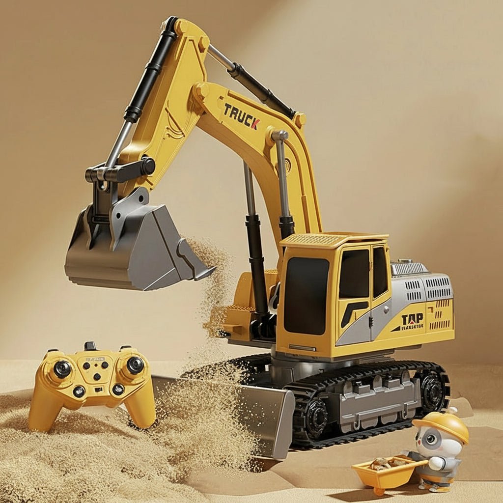 Indoor/outdoor RC construction vehicle. Durable metal alloy excavator with lights & sound.