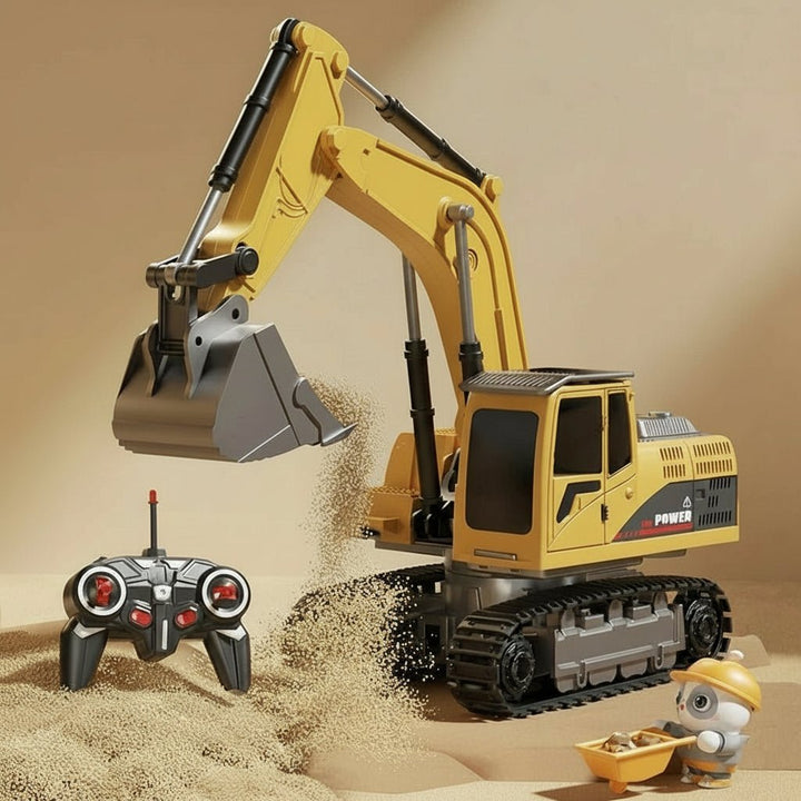 Realistic metal alloy RC excavator model for play. Remote control toy with lights & sound.
