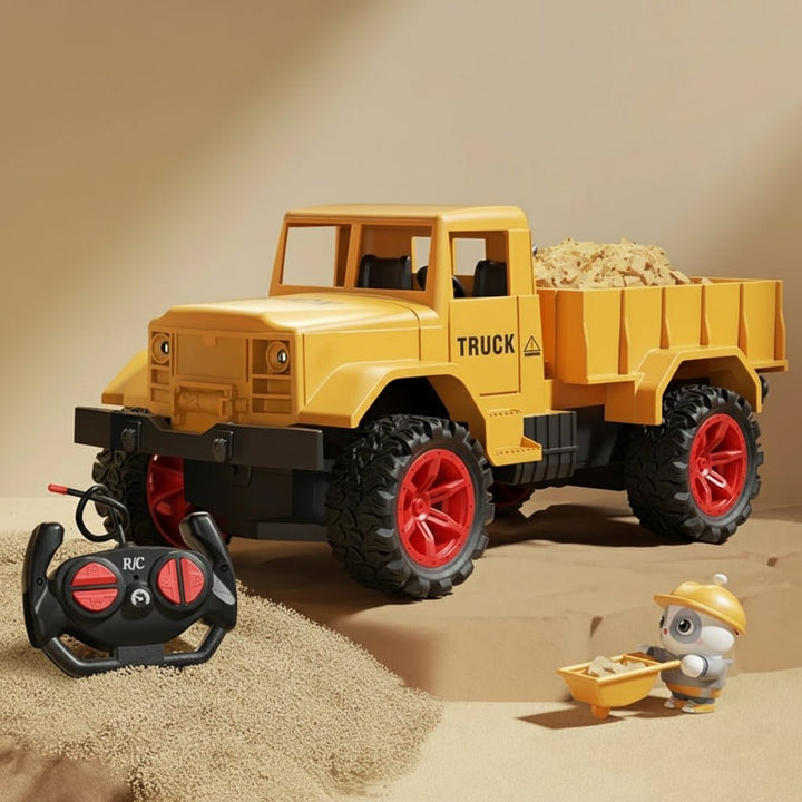 Yellow & black RC metal alloy construction excavator. Durable toy with lights & sound.