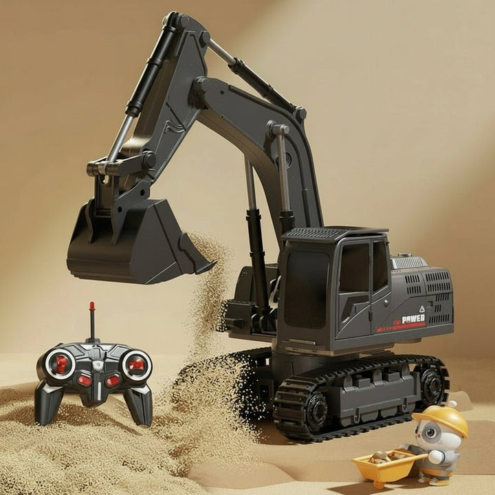 Durable metal RC excavator, ideal kids' gift. Remote control toy with lights, sound for fun.