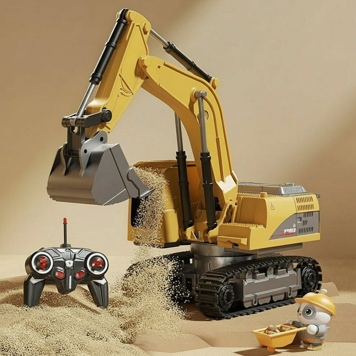 Kids playing with a yellow remote control metal excavator toy, featuring lights & sound.