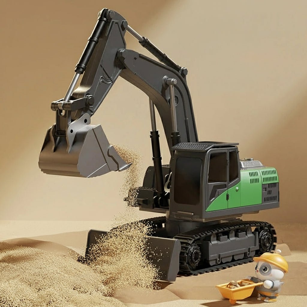 Miniature heavy equipment: durable metal alloy RC excavator toy with lights & sound.