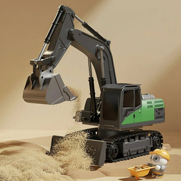 Miniature heavy equipment: durable metal alloy RC excavator toy with lights & sound.