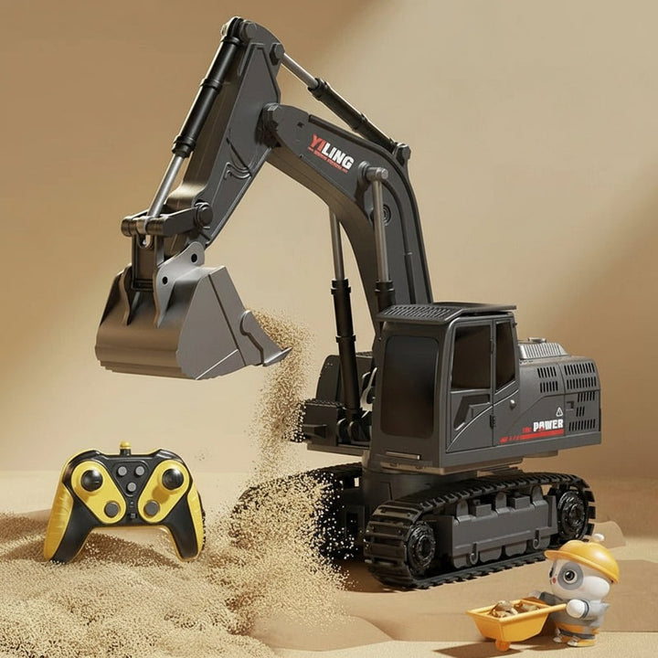 Unisex RC metal alloy excavator toy. Yellow/black, lights, sound, durable for construction play.