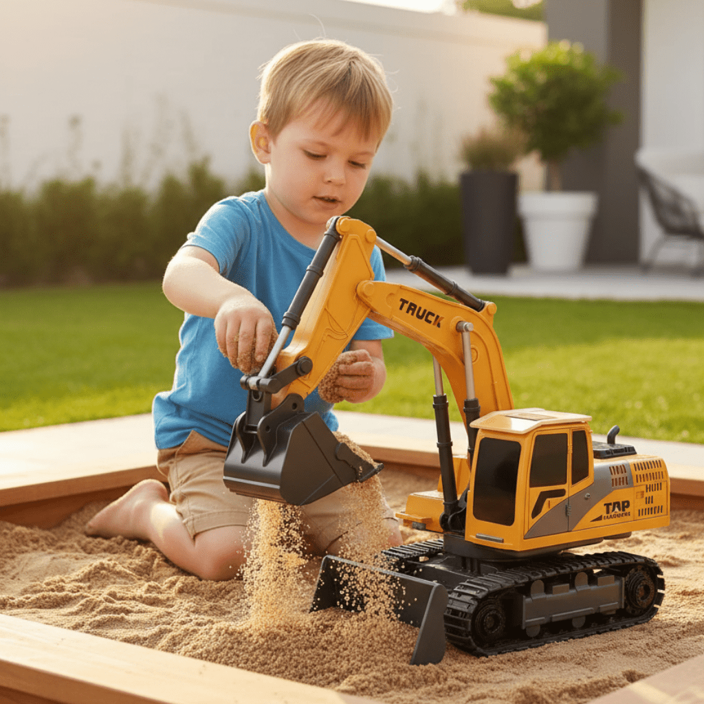 Durable metal alloy RC excavator toy. Yellow & black heavy equipment with lights & sound.