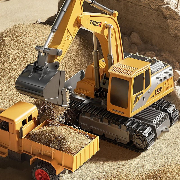 Remote control metal excavator for kids. RC vehicle with realistic lights & sound for play.