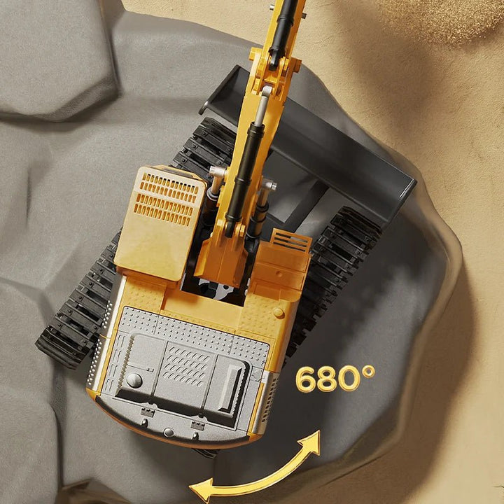Yellow RC construction toy: metal alloy excavator with remote control, lights & sound.