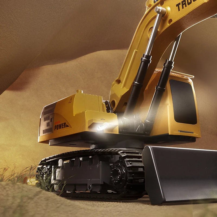 Kids' gift: Durable metal RC excavator toy. Features lights, sound, and remote control play.