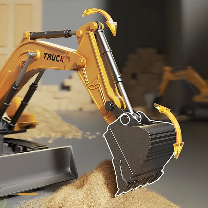 Action shot: RC heavy equipment metal excavator toy with functional lights & sound.