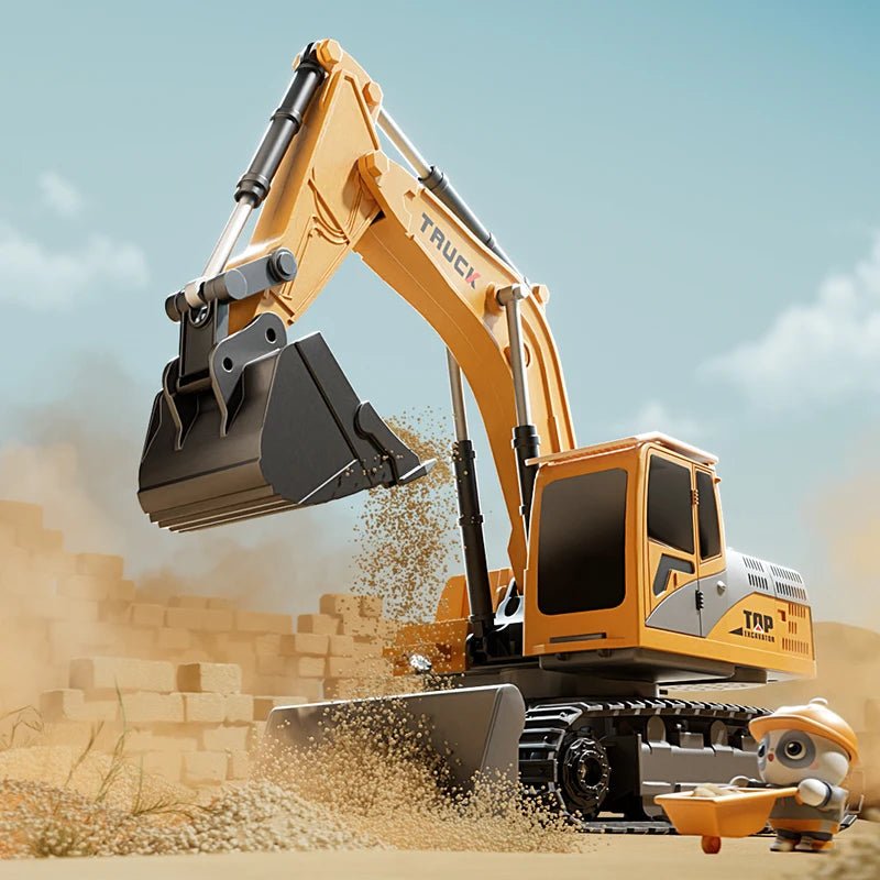 Premium metal alloy RC excavator model. Yellow/black remote control toy with lights & sound.