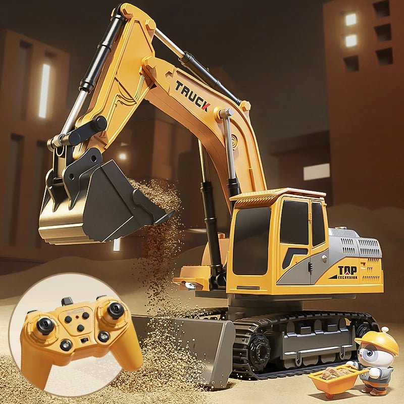 Unisex RC metal excavator toy. Imaginative play with lights, sound, and remote control.