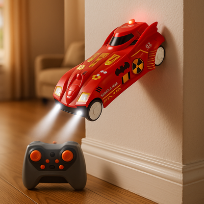 Unisex RC wall climbing car toy, red and black, defies gravity on a white wall