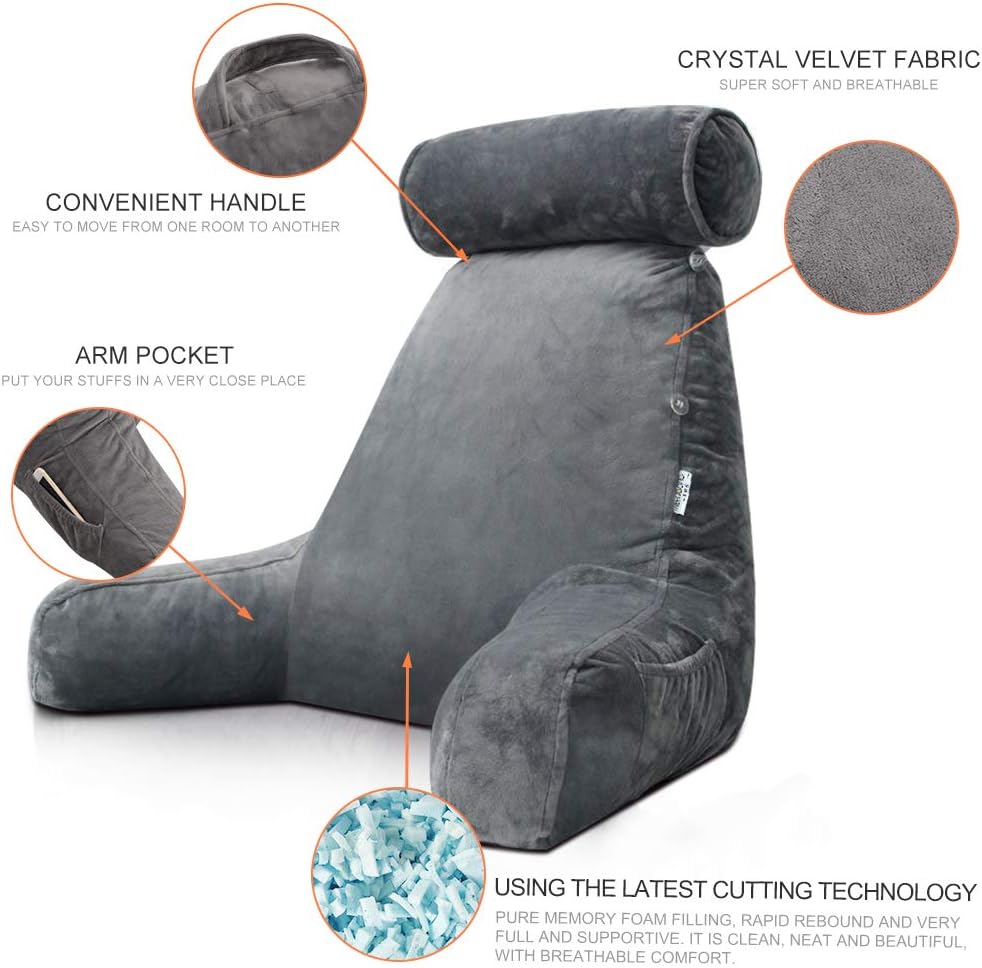 Soft memory foam reading bed pillow with arms for ultimate comfort & back support while lounging or watching TV.