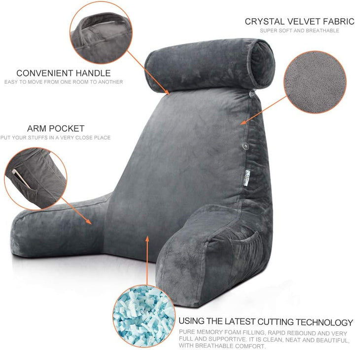 Soft memory foam reading bed pillow with arms for ultimate comfort & back support while lounging or watching TV.