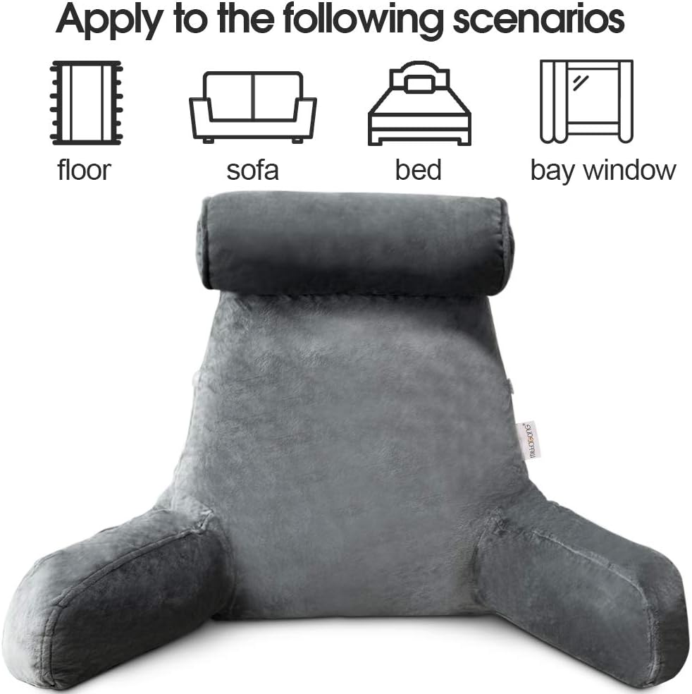 Ergonomic reading pillow with arms for bed, offering superior back & neck support for comfy TV watching & lounging.