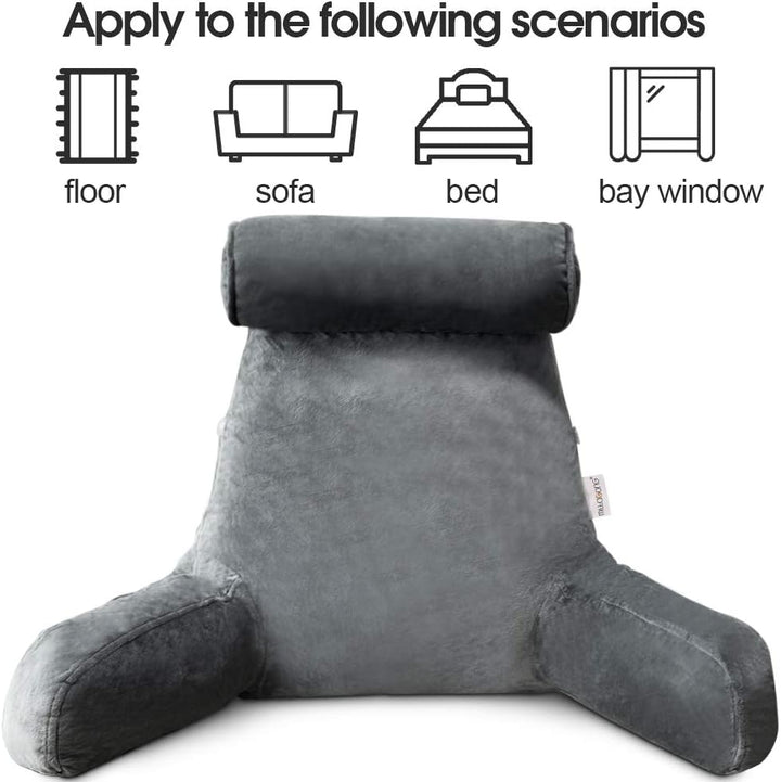 Ergonomic reading pillow with arms for bed, offering superior back & neck support for comfy TV watching & lounging.
