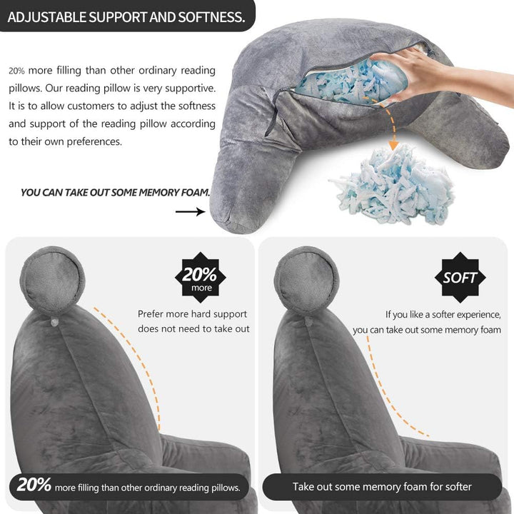 Portable bed reading pillow with arms, a soft memory foam design for comfortable back & neck support in any room.