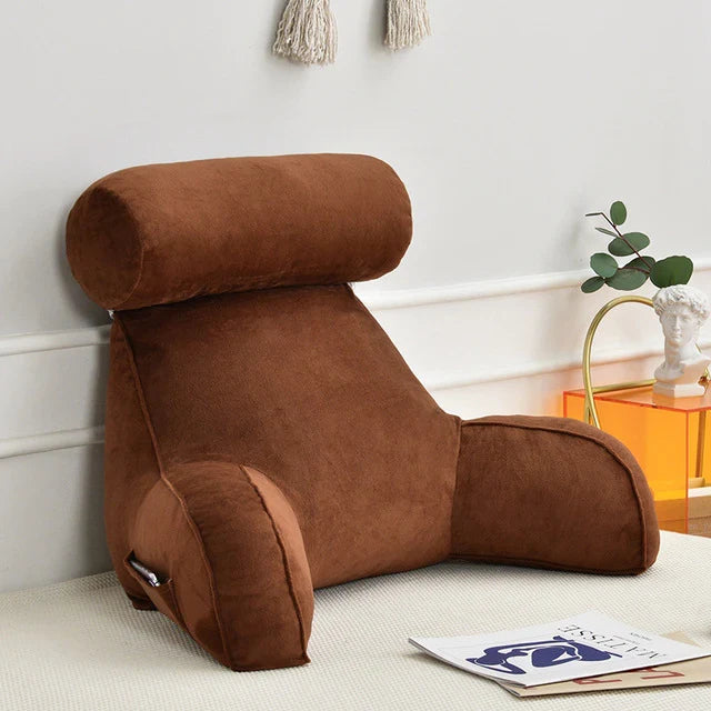 Ultimate comfort reading bed pillow with arms, ergonomic design for superior back & neck support, ideal for lounging.