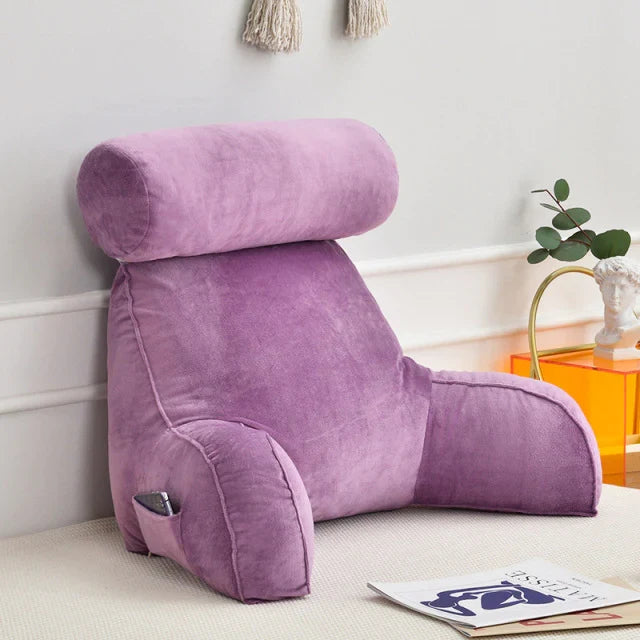 Memory foam arm pillow for bed, designed for ergonomic back support & neck comfort while reading or watching TV.