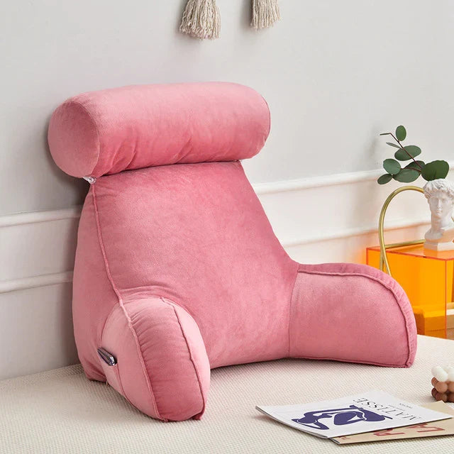 Plush reading bed pillow with arms, offering excellent back & neck support, making lounging & TV watching more comfy.